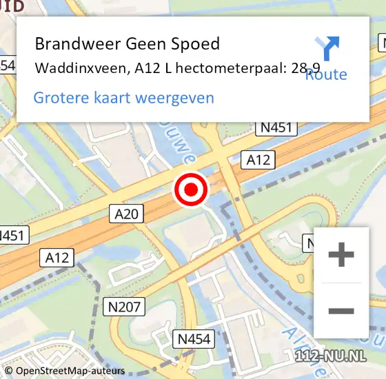 Locatie op kaart van de 112 melding: Brandweer Geen Spoed Naar Waddinxveen, A12 L hectometerpaal: 24,5 op 20 juni 2014 11:21