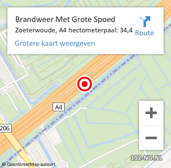 Locatie op kaart van de 112 melding: Brandweer Met Grote Spoed Naar Zoeterwoude, A4 hectometerpaal: 34,4 op 21 augustus 2021 05:17