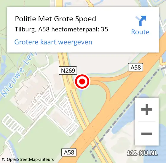 Locatie op kaart van de 112 melding: Politie Met Grote Spoed Naar Tilburg, A58 hectometerpaal: 35 op 21 augustus 2021 09:40