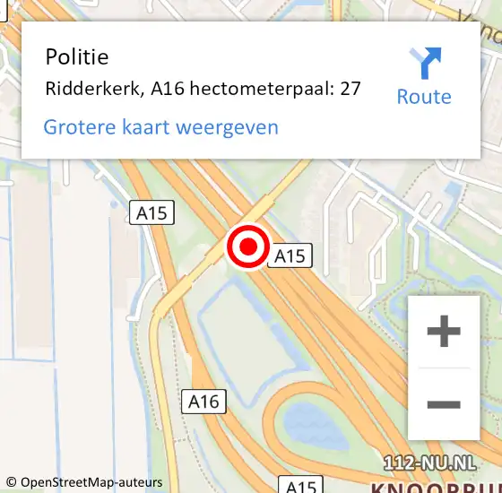 Locatie op kaart van de 112 melding: Politie Ridderkerk, A16 hectometerpaal: 27 op 21 augustus 2021 11:01
