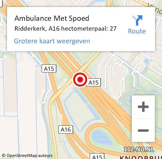 Locatie op kaart van de 112 melding: Ambulance Met Spoed Naar Ridderkerk, A16 hectometerpaal: 27 op 21 augustus 2021 11:05