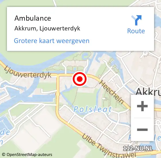 Locatie op kaart van de 112 melding: Ambulance Akkrum, Ljouwerterdyk op 21 augustus 2021 12:12