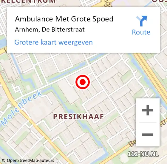 Locatie op kaart van de 112 melding: Ambulance Met Grote Spoed Naar Arnhem, De Bitterstraat op 21 augustus 2021 13:20