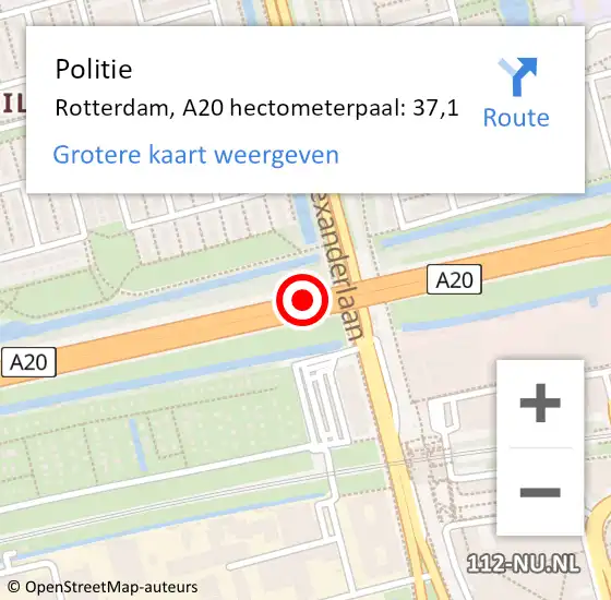 Locatie op kaart van de 112 melding: Politie Rotterdam, A20 hectometerpaal: 37,1 op 21 augustus 2021 14:04