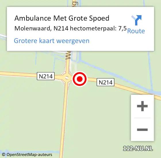 Locatie op kaart van de 112 melding: Ambulance Met Grote Spoed Naar Molenwaard, N214 hectometerpaal: 7,5 op 21 augustus 2021 15:59