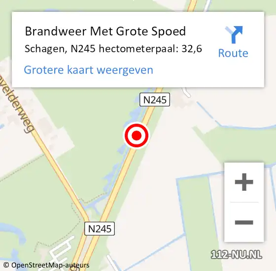 Locatie op kaart van de 112 melding: Brandweer Met Grote Spoed Naar Schagen, N245 hectometerpaal: 32,6 op 21 augustus 2021 16:03