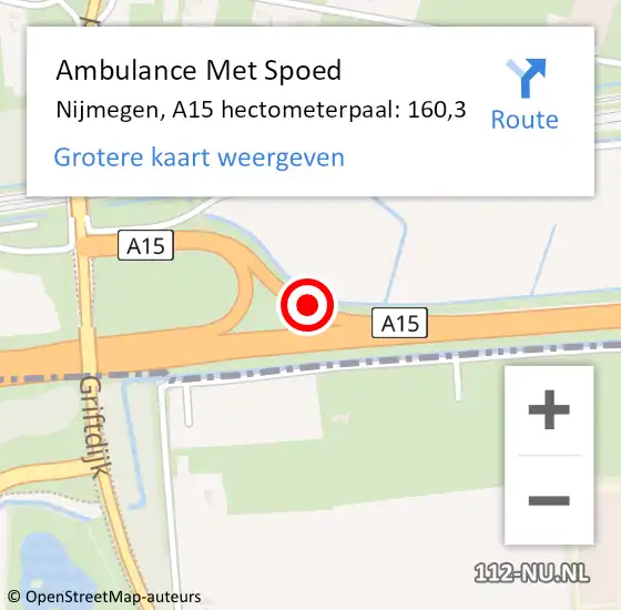 Locatie op kaart van de 112 melding: Ambulance Met Spoed Naar Nijmegen, A15 hectometerpaal: 160,3 op 21 augustus 2021 17:02