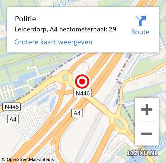 Locatie op kaart van de 112 melding: Politie Leiderdorp, A4 hectometerpaal: 29 op 21 augustus 2021 18:55