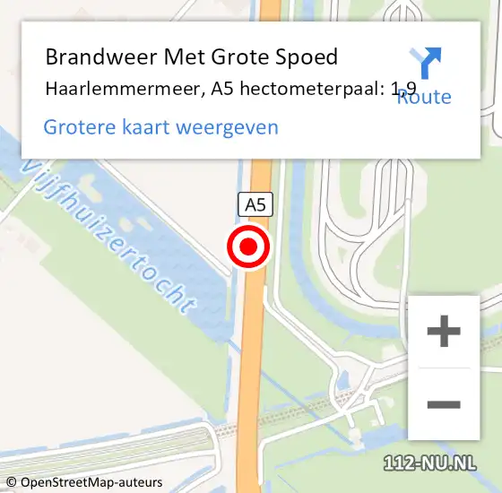 Locatie op kaart van de 112 melding: Brandweer Met Grote Spoed Naar Haarlemmermeer, A5 hectometerpaal: 1,9 op 21 augustus 2021 18:58