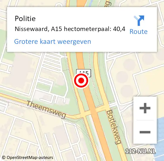 Locatie op kaart van de 112 melding: Politie Bernisse, A15 hectometerpaal: 40,4 op 21 augustus 2021 20:01