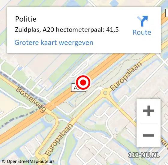 Locatie op kaart van de 112 melding: Politie Zuidplas, A20 hectometerpaal: 41,5 op 21 augustus 2021 20:58