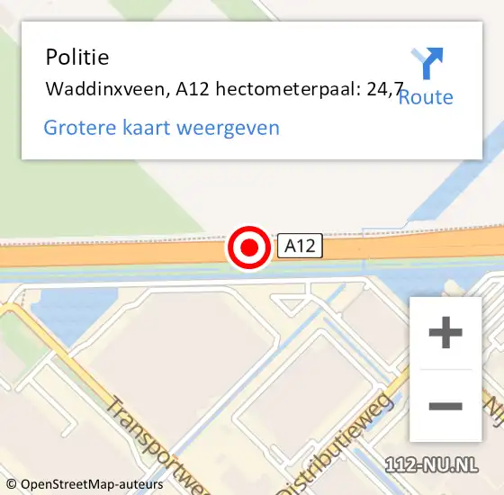 Locatie op kaart van de 112 melding: Politie Waddinxveen, A12 hectometerpaal: 24,7 op 21 augustus 2021 21:07