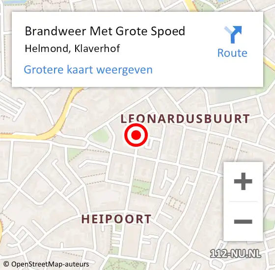 Locatie op kaart van de 112 melding: Brandweer Met Grote Spoed Naar Helmond, Klaverhof op 21 augustus 2021 21:39