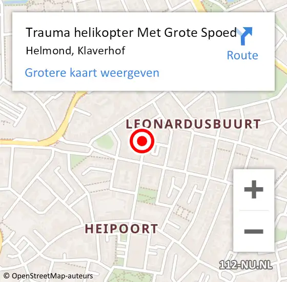 Locatie op kaart van de 112 melding: Trauma helikopter Met Grote Spoed Naar Helmond, Klaverhof op 21 augustus 2021 21:41