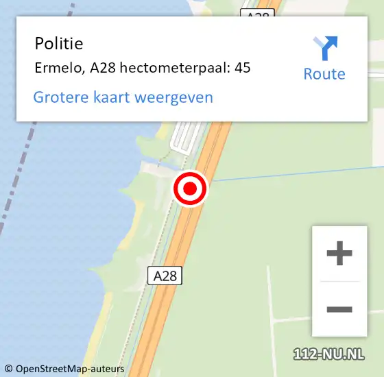 Locatie op kaart van de 112 melding: Politie Ermelo, A28 hectometerpaal: 45 op 22 augustus 2021 07:50