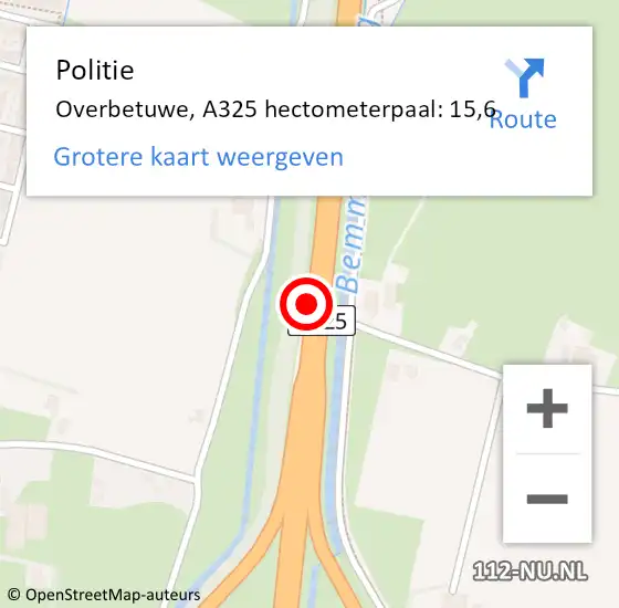 Locatie op kaart van de 112 melding: Politie Overbetuwe, A325 hectometerpaal: 15,6 op 22 augustus 2021 11:26