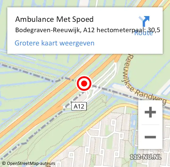 Locatie op kaart van de 112 melding: Ambulance Met Spoed Naar Bodegraven-Reeuwijk, A12 hectometerpaal: 30,5 op 22 augustus 2021 15:19