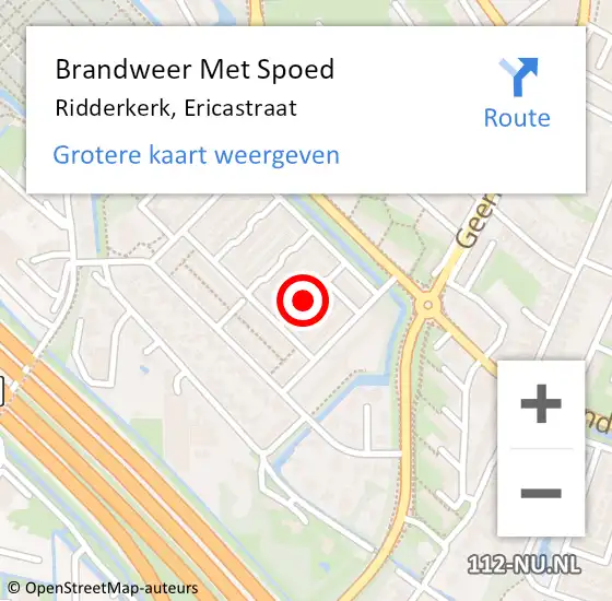 Locatie op kaart van de 112 melding: Brandweer Met Spoed Naar Ridderkerk, Ericastraat op 22 augustus 2021 16:05