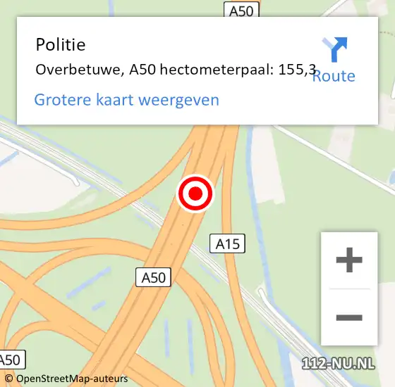 Locatie op kaart van de 112 melding: Politie Overbetuwe, A50 hectometerpaal: 155,3 op 22 augustus 2021 16:30