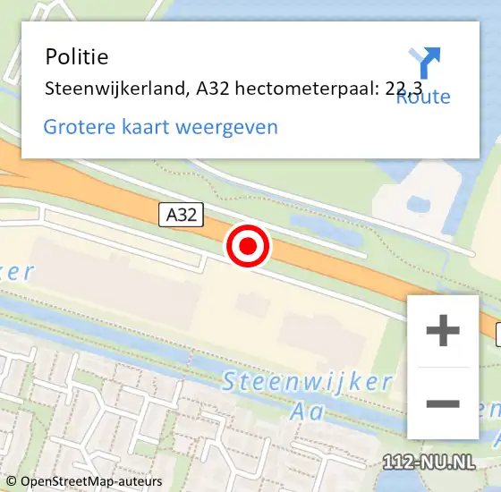 Locatie op kaart van de 112 melding: Politie Steenwijkerland, A32 hectometerpaal: 22,3 op 22 augustus 2021 16:41