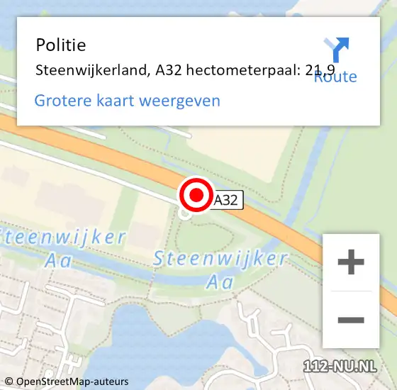 Locatie op kaart van de 112 melding: Politie Steenwijkerland, A32 hectometerpaal: 21,9 op 22 augustus 2021 16:41