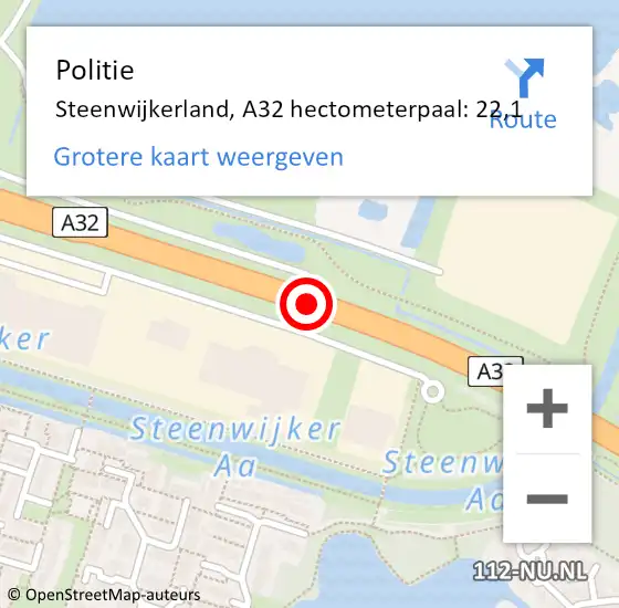 Locatie op kaart van de 112 melding: Politie Steenwijkerland, A32 hectometerpaal: 22,1 op 22 augustus 2021 16:42