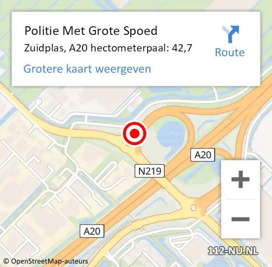 Locatie op kaart van de 112 melding: Politie Met Grote Spoed Naar Zuidplas, A20 hectometerpaal: 42,7 op 22 augustus 2021 17:38