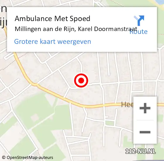 Locatie op kaart van de 112 melding: Ambulance Met Spoed Naar Millingen aan de Rijn, Karel Doormanstraat op 22 augustus 2021 17:53