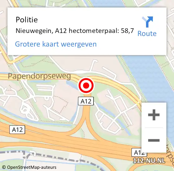 Locatie op kaart van de 112 melding: Politie Nieuwegein, A12 hectometerpaal: 58,7 op 22 augustus 2021 20:50