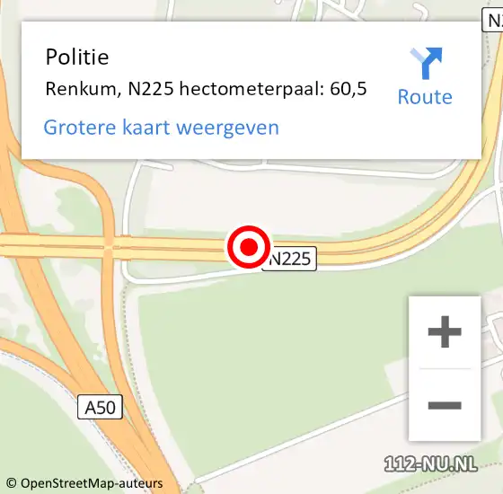 Locatie op kaart van de 112 melding: Politie Renkum, N225 hectometerpaal: 60,5 op 22 augustus 2021 21:42