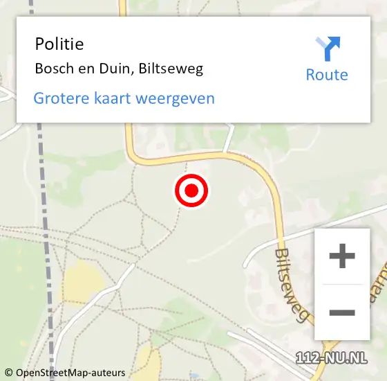 Locatie op kaart van de 112 melding: Politie Bosch en Duin, Biltseweg op 22 augustus 2021 22:24