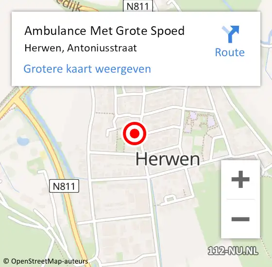 Locatie op kaart van de 112 melding: Ambulance Met Grote Spoed Naar Herwen, Antoniusstraat op 23 augustus 2021 04:53