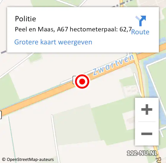 Locatie op kaart van de 112 melding: Politie Peel en Maas, A67 hectometerpaal: 62,7 op 23 augustus 2021 05:27