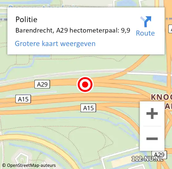 Locatie op kaart van de 112 melding: Politie Barendrecht, A29 hectometerpaal: 9,9 op 23 augustus 2021 06:38