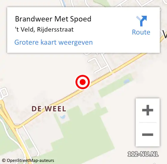 Locatie op kaart van de 112 melding: Brandweer Met Spoed Naar 't Veld, Rijdersstraat op 23 augustus 2021 09:06