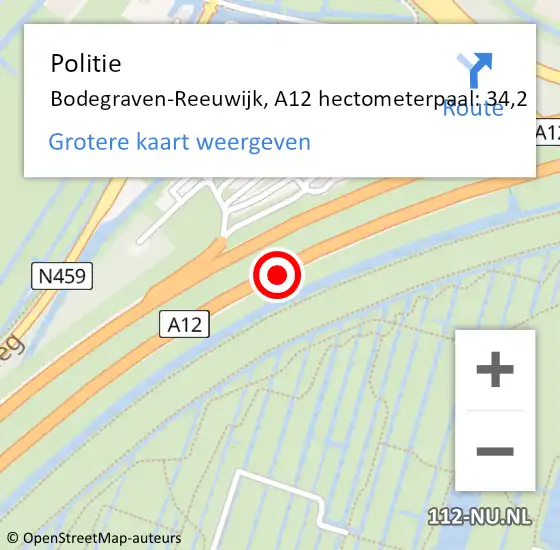 Locatie op kaart van de 112 melding: Politie Bodegraven-Reeuwijk, A12 hectometerpaal: 34,2 op 23 augustus 2021 12:48