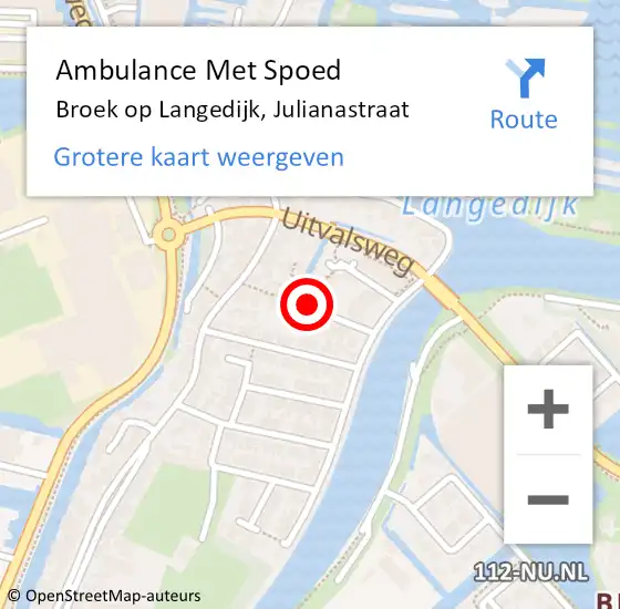 Locatie op kaart van de 112 melding: Ambulance Met Spoed Naar Broek op Langedijk, Julianastraat op 23 augustus 2021 13:06