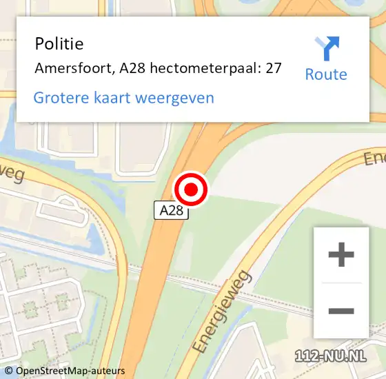 Locatie op kaart van de 112 melding: Politie Amersfoort, A28 hectometerpaal: 27 op 23 augustus 2021 15:03