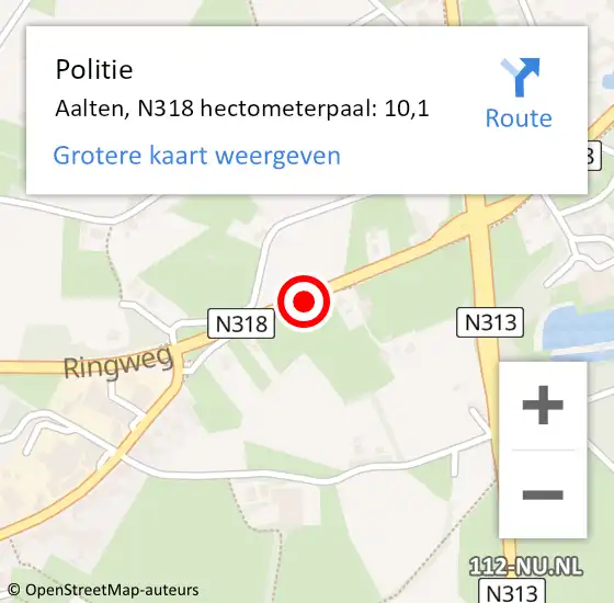 Locatie op kaart van de 112 melding: Politie Aalten, N318 hectometerpaal: 10,1 op 23 augustus 2021 15:39