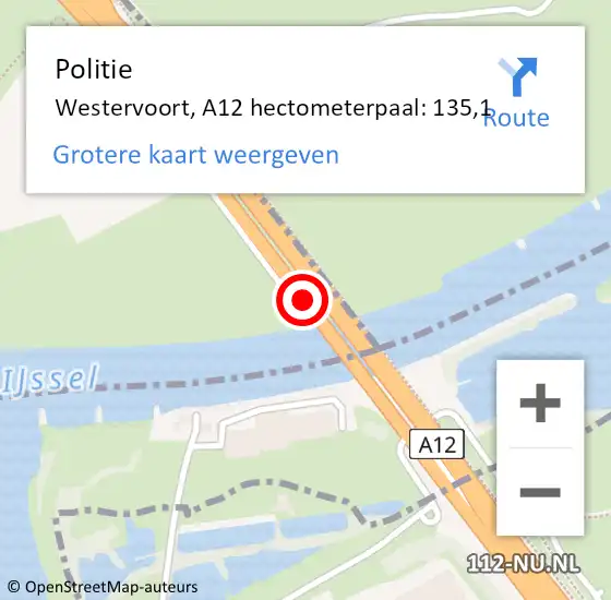 Locatie op kaart van de 112 melding: Politie Westervoort, A12 hectometerpaal: 135,1 op 23 augustus 2021 15:47