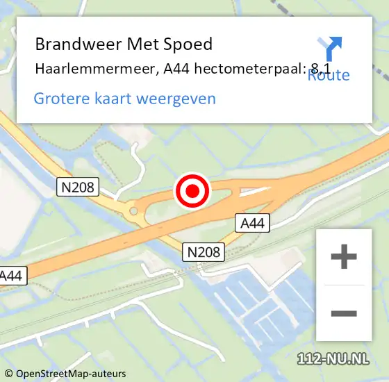 Locatie op kaart van de 112 melding: Brandweer Met Spoed Naar Haarlemmermeer, A44 hectometerpaal: 8,1 op 23 augustus 2021 16:00
