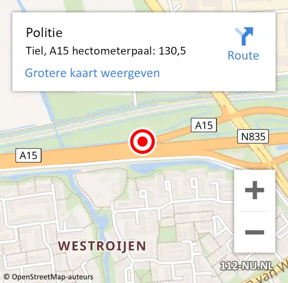 Locatie op kaart van de 112 melding: Politie Tiel, A15 hectometerpaal: 130,5 op 23 augustus 2021 17:05