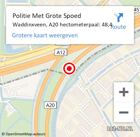 Locatie op kaart van de 112 melding: Politie Met Grote Spoed Naar Waddinxveen, A20 hectometerpaal: 48,4 op 23 augustus 2021 17:32