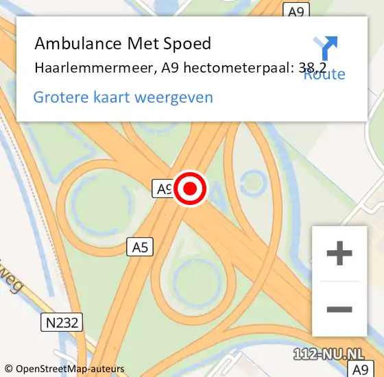 Locatie op kaart van de 112 melding: Ambulance Met Spoed Naar Haarlemmermeer, A9 hectometerpaal: 38,2 op 23 augustus 2021 17:37