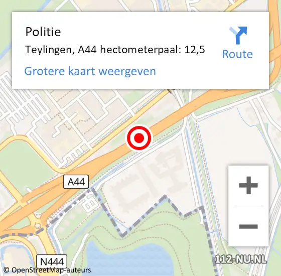 Locatie op kaart van de 112 melding: Politie Teylingen, A44 hectometerpaal: 12,5 op 23 augustus 2021 18:51