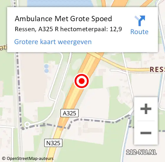 Locatie op kaart van de 112 melding: Ambulance Met Grote Spoed Naar Ressen, A325 L hectometerpaal: 11,9 op 20 juni 2014 15:57