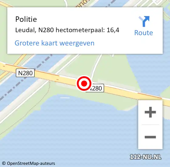 Locatie op kaart van de 112 melding: Politie Leudal, N280 hectometerpaal: 16,4 op 23 augustus 2021 19:44