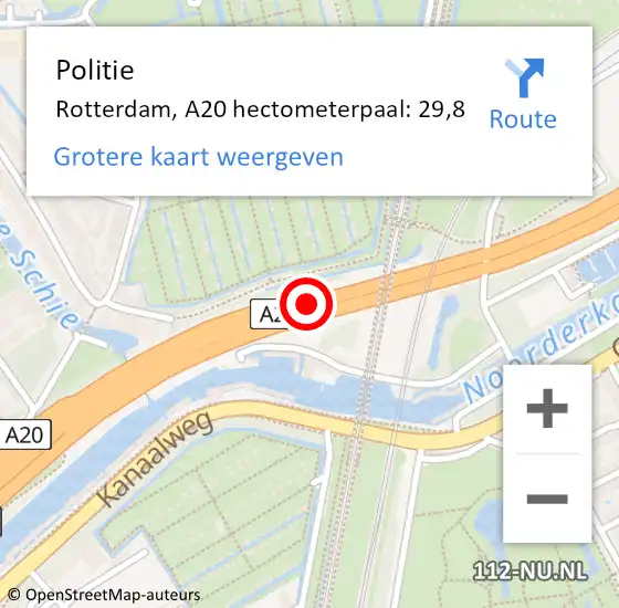 Locatie op kaart van de 112 melding: Politie Rotterdam, A20 hectometerpaal: 29,8 op 23 augustus 2021 19:54