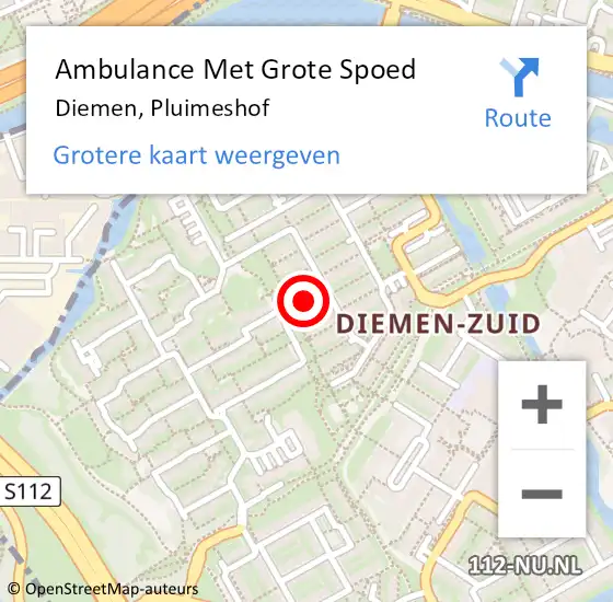 Locatie op kaart van de 112 melding: Ambulance Met Grote Spoed Naar Diemen, Pluimeshof op 24 augustus 2021 01:56