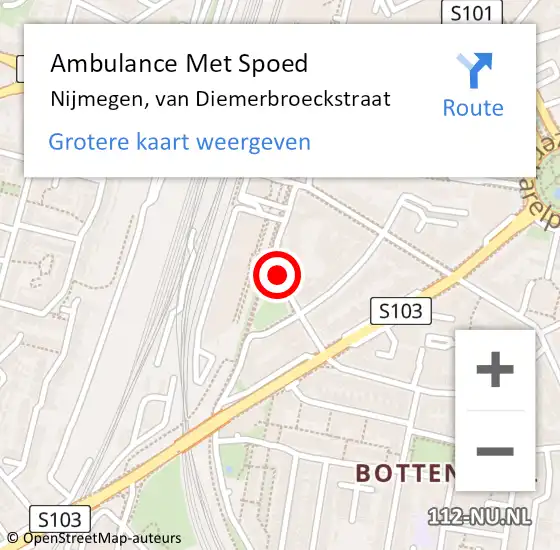 Locatie op kaart van de 112 melding: Ambulance Met Spoed Naar Nijmegen, van Diemerbroeckstraat op 24 augustus 2021 02:45